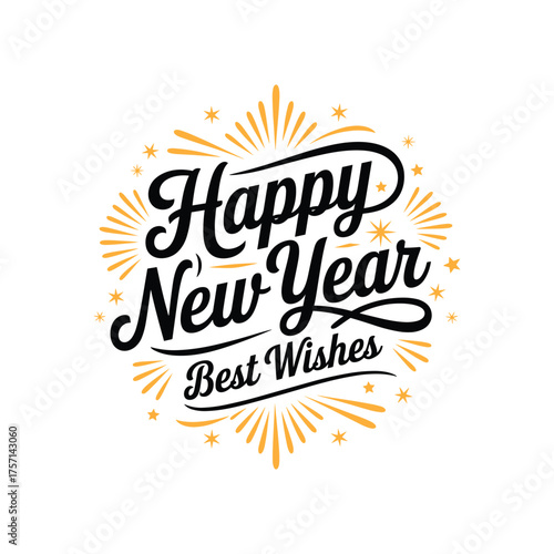 Elegant Happy New Year 2026 Typography with Golden Fireworks and Stars on White Background
