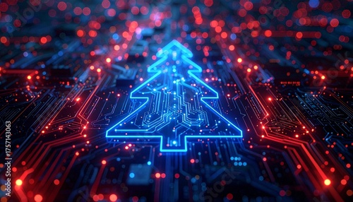 Luminous Blue Digital Christmas Tree Glowing on a Detailed Electronic Circuit Board, Blending Technology and Festive Holiday Cheer in a Modern Cybernetic Design