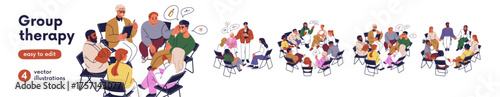 Group therapy session, psychotherapy set. Psychologist and community. People teams sharing problems during support meeting, psychology help club. Flat vector illustration isolated on white background