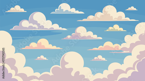 Cartoon illustration of a bright blue sky filled with fluffy white and pastel colored clouds scene