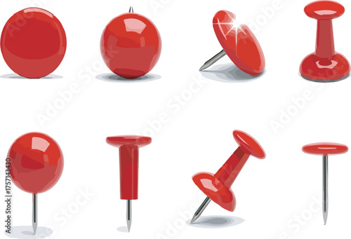Realistic set of red push pins thumbtacks icons collection isolated on white background