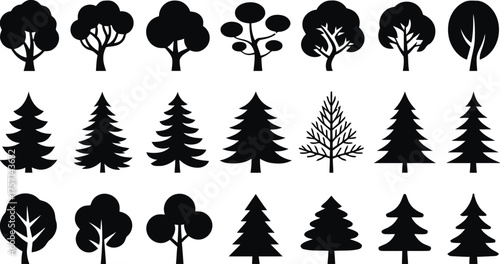 tree, silhouette, trees, nature, forest, deciduous, coniferous, evergreen, plant, flora, graphic, icon, symbol, design element, black and white, vector, illustration, set, collection, foliage, branche