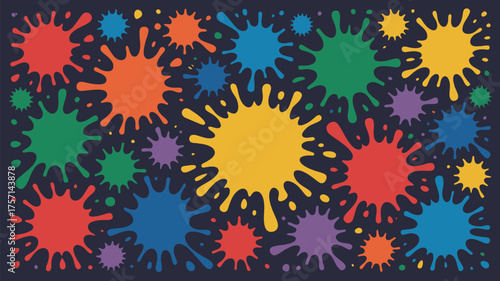 A vibrant array of colorful paint splatters on a dark background creating a playful and energetic pattern