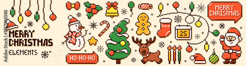 Pixel art Christmas elements. Y2k color New Year icons. 8 bit Santa Claus, snowman, reindeer, tree, speech bubbles.