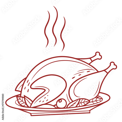 Illustration of a roasted turkey on a platter with leaves and a berry, emitting steam, outlined in red