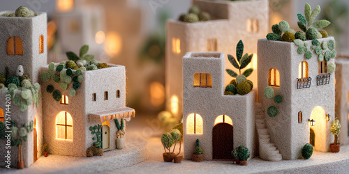 四季の街角／灯りが溢れる住みやすい秋の街（3D・フェルト素材）
