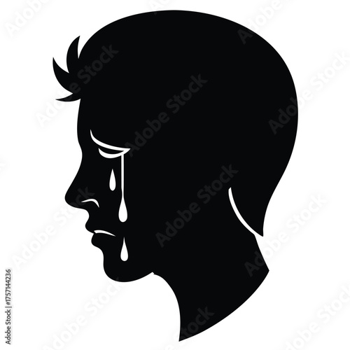 Silhouette of a Man Crying on White Background: