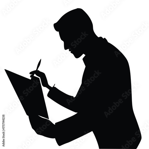 Silhouette of a Man Drawing on White Background