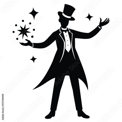 Silhouette of a Man Performing Magic Show on White Background