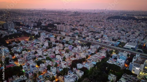 Aerial shot of densely populated bangalore city at sunset in Karnataka, India	