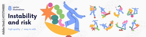 Instability and risk concept set. People balancing on insecure unstable abstract geometric shapes. Imbalance, equilibrium problem, unsteady risky insecurity, danger. Isolated flat vector illustrations