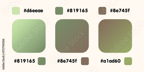 Gradient collection, shiny rainbow hologram. Holographic foil texture, blue, pink, brown gradation. Catalog of samples palettes in RGB HEX. Vector set for frame, border, other design.