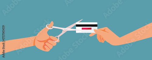 Hand Cutting a Credit Card after Closing Account Vector Cartoon illustration. Person with shopping addiction destroying her electronic payment method 
