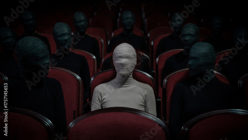 People in identical clothes with bandaged faces fill the theater hall. In the center is a man in white, and around him are many people in black who are looking at him. Scary picture with philosophy