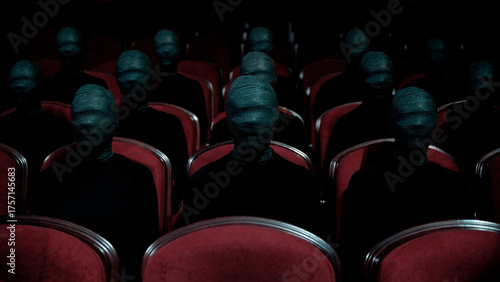 People in identical black clothes with bandaged faces fill the theater hall.Scary picture with philosophy