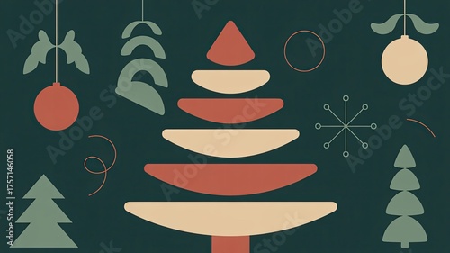 Abstract geometric christmas tree and ornaments in a retro, minimalist style with a dark green background, evoking a festive and modern holiday season.