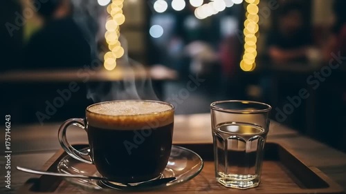 Coffee Cup and Water Glass on Wooden Tray in Cafe Setting.