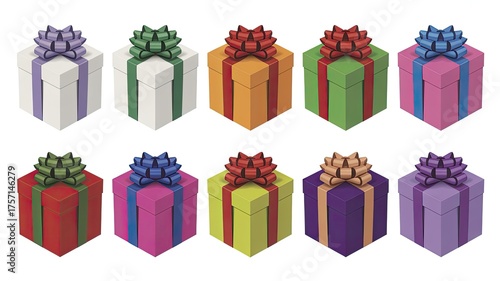 A collection of ten colorful gift boxes with ribbons and bows, arranged in two rows on a white background, perfect for celebrating any occasion.