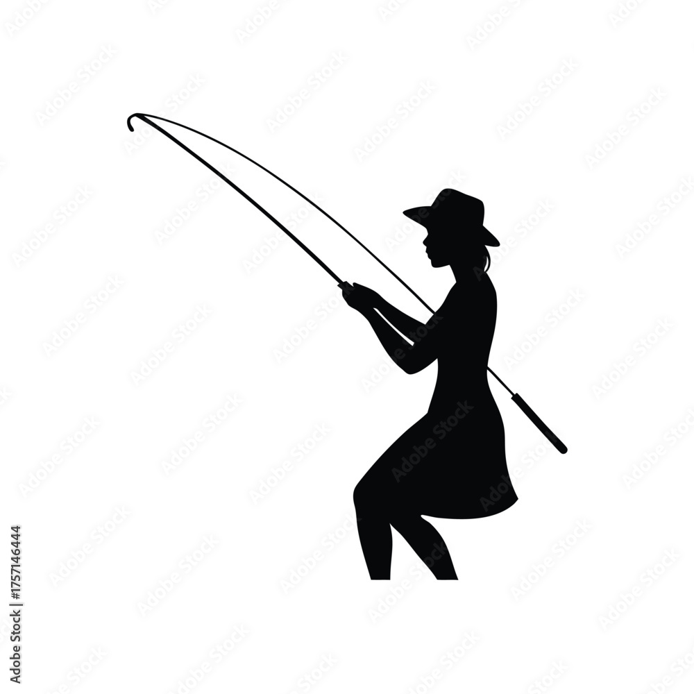 Obraz premium Silhouette of a Woman Fishing on White Background