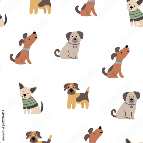 Cute dogs vector seamless pattern. Clipart of funny pet animals. Dogs on white background. Printable flat illustration.