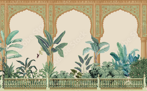 Traditional Mughal Garden with Mughal Arch, Mughal Wedding, Wedding Background, Mughal Wall Mural.