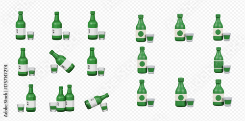 Multiple green soju bottles and shot glasses on a transparent background.