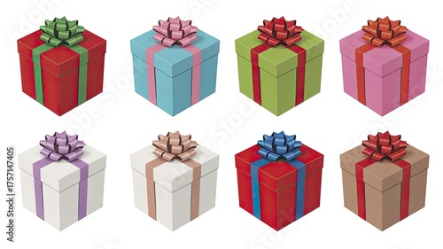 A selection of eight beautifully wrapped gift boxes in various colors and styles, each adorned with a ribbon and bow, set against a clean white background for versatile use.