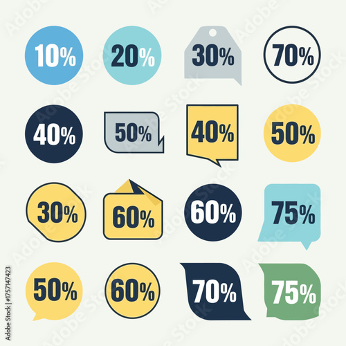 Collection of colorful discount percentage icons including ten twenty thirty forty fifty sixty seventy and seventy five