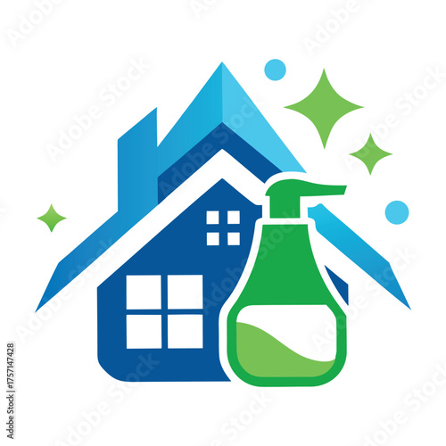 Symbolic representation of a clean home and hygiene with a stylized house icon and a green liquid soap dispenser conveying cleanliness and sanitization services for residential properties