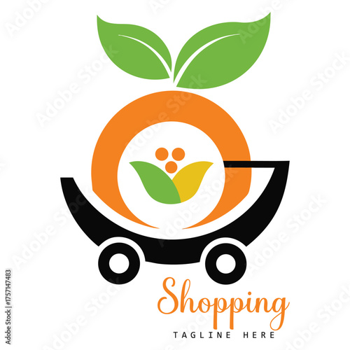 Vibrant and fresh organic food shopping cart logo featuring a stylized orange fruit with green leaves and a basket symbolizing healthy groceries