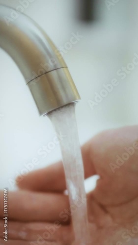 In a modern bathroom, a person washes their hands under running tap water. The setting is bright and clean, emphasizing the importance of hygiene