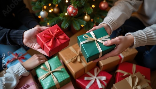 Close-up of hands holding small gift boxes of friends exchanging gifts during Christmas.