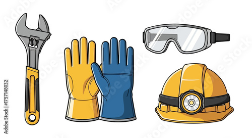 A collection of essential personal protective equipment including a hard hat with headlamp, safety goggles, work gloves, and an adjustable wrench for industrial safety