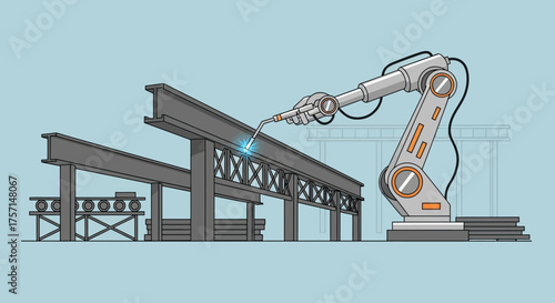 Robotic Arm Welding Steel Beams for Industrial Construction in a Futuristic Factory Setting