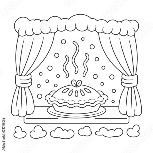 Scalable vector illustration of a delicious steaming pie cooling on a window sill with curtains and snowflakes silhouette White background