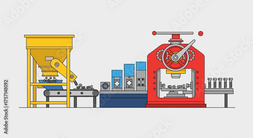 Conceptual illustration of an industrial manufacturing process with an automated assembly line, conveyor system, and heavy press machine
