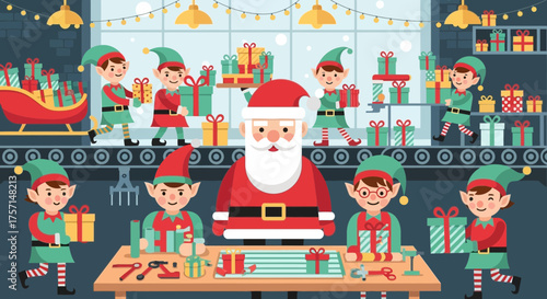 Santa claus elves gifts christmas presents workshop factory conveyor belt holiday joy