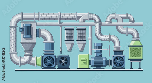 Industrial ventilation system with fans, pumps, and filters for air circulation and climate control