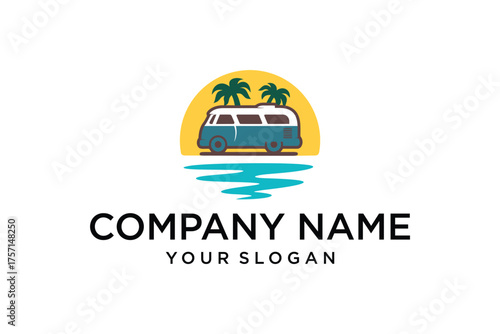 Vintage van with palm trees and ocean scene logo vector
