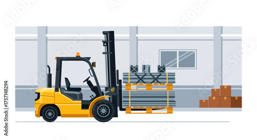Forklift Truck Transporting Goods Inside a Distribution Warehouse