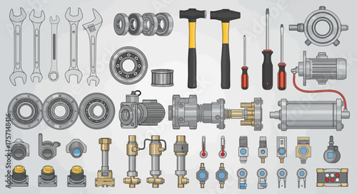 A detailed vector set of industrial machine components, mechanical spare parts, and workshop tools for engineering and repair
