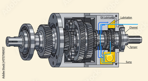 Detailed Cutaway Illustration of a Planetary Gearbox System with Lubrication Channels