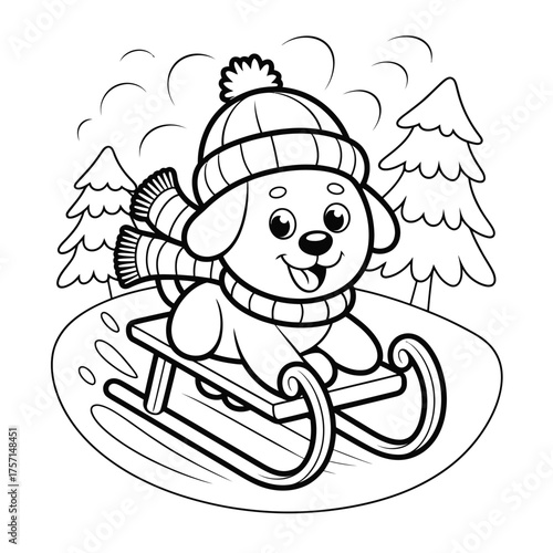 Adorable vector illustration of a happy puppy wearing a winter hat and scarf riding a sled silhouette White background