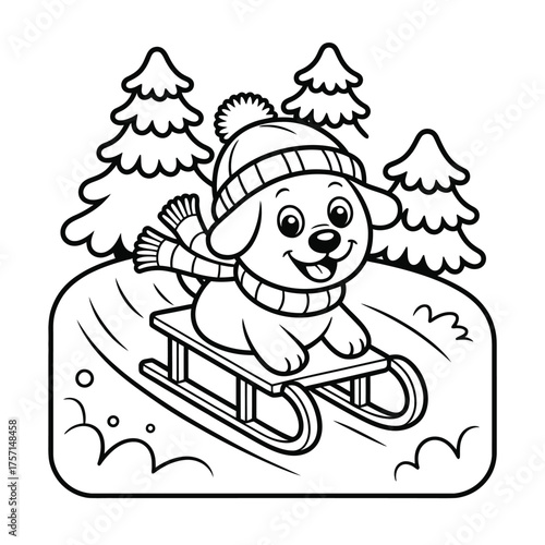 Joyful puppy illustration sledding downhill in winter wearing hat and scarf silhouette White background