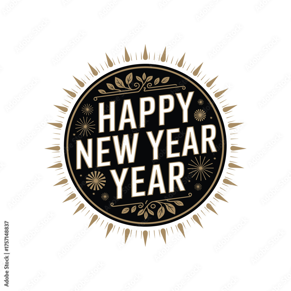 Fototapeta premium Vintage Happy New Year Badge with Decorative Sunburst and Leaf Elements
