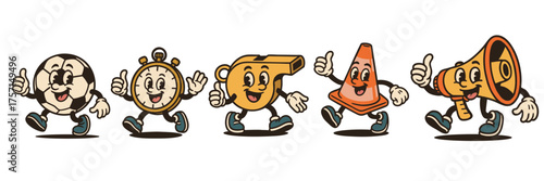 Vintage cartoon football mascot collection with ball, whistle and timer