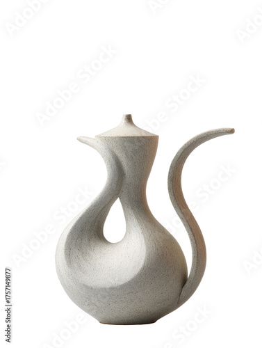 Cream-colored, sculpted, ceramic teapot