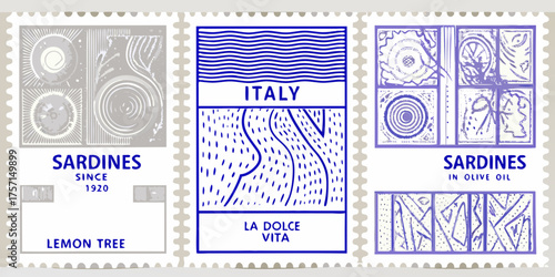 Collection of three stylized postage stamps featuring italian sardines and lemon tree motifs