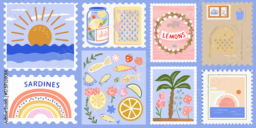 Collection of eight charmingly illustrated postage stamps featuring summer themes like sunshine lemons fish and palm trees