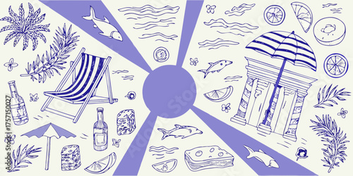 Whimsical hand drawn beach scene with deck chair umbrella and mediterranean elements